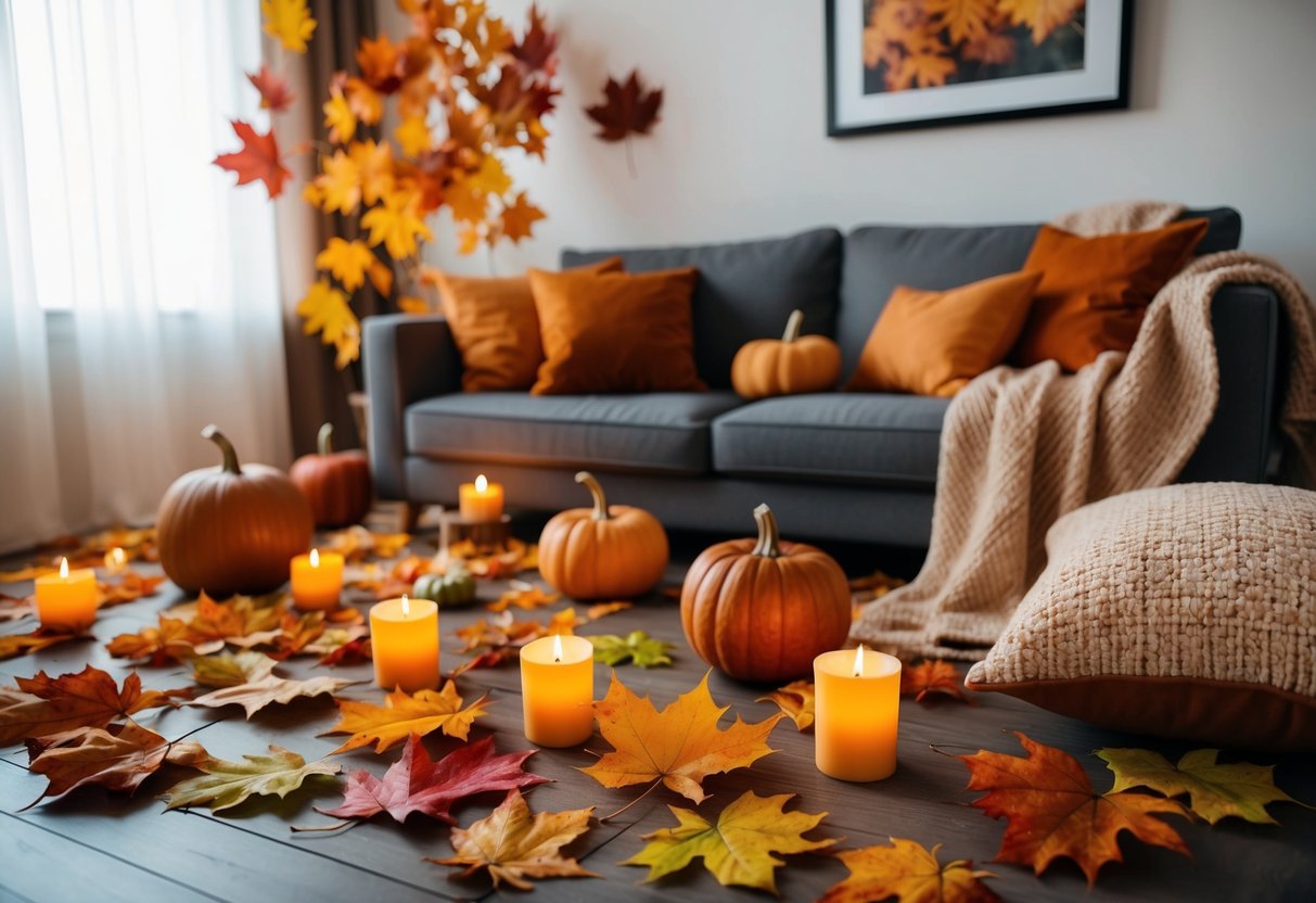 Vibrant autumn leaves scattered around a cozy living room with warm-toned throw pillows and blankets, complemented by pumpkin and cinnamon-scented candles