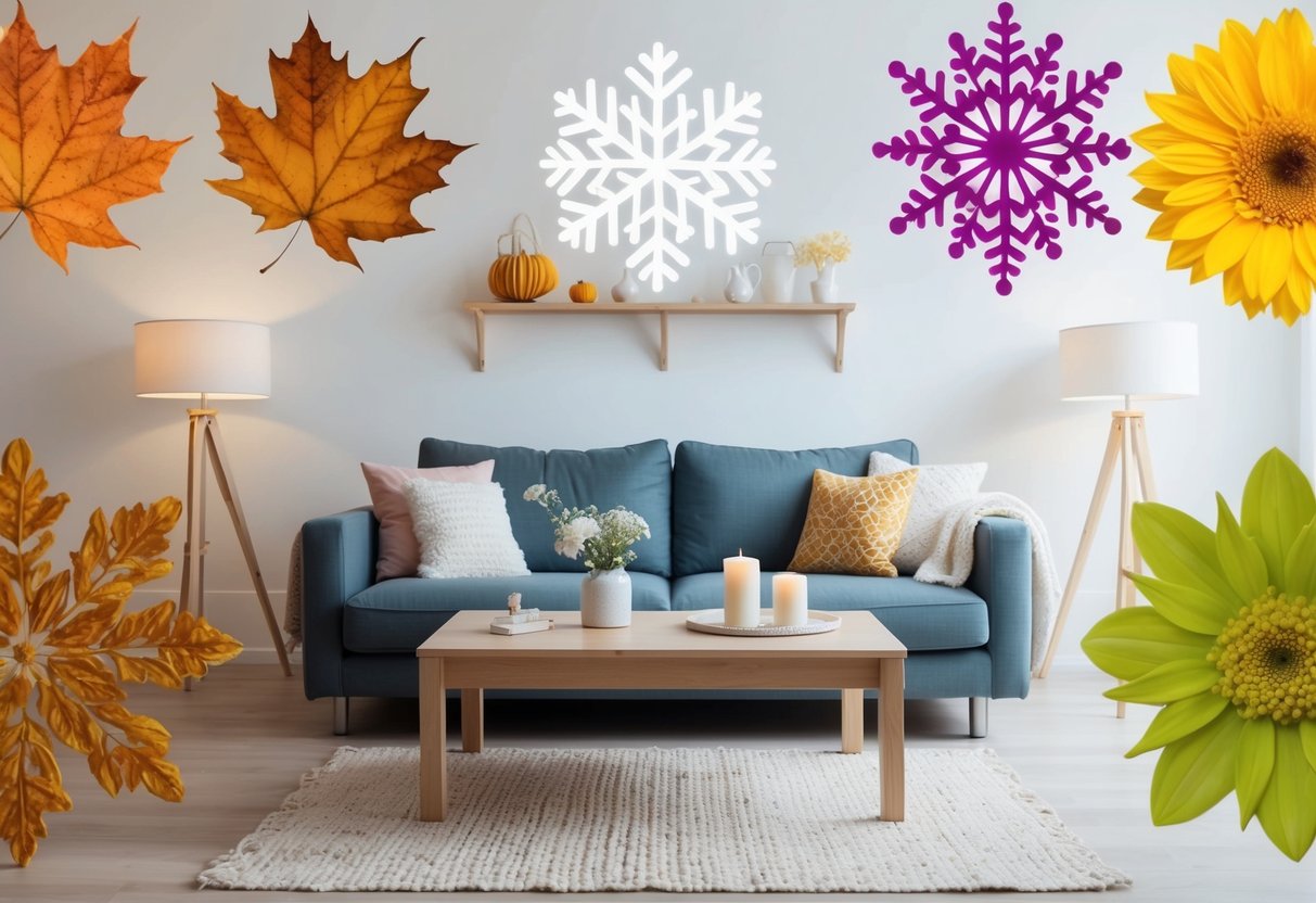 A cozy living room with interchangeable seasonal decor: autumn leaves, winter snowflakes, spring flowers, and summer sun